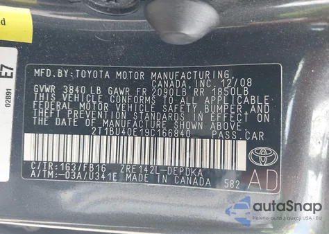 2009 Toyota Corolla Le z USA, uszkodzony, nr VIN 2T1BU40E19C166840